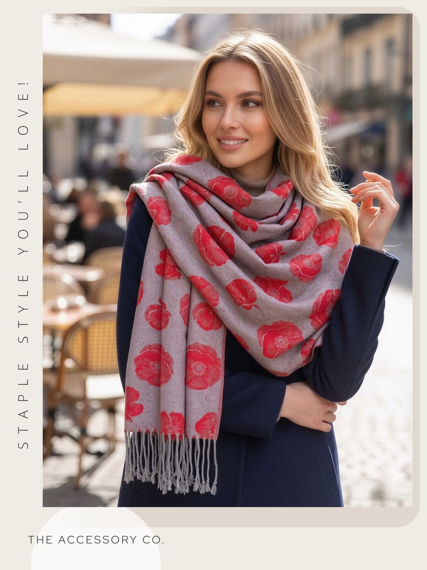 LARGE REVERSIBLE GREY AND RED POPPY PASHMINA SHAWL SCARF - A-SHU.CO.UK