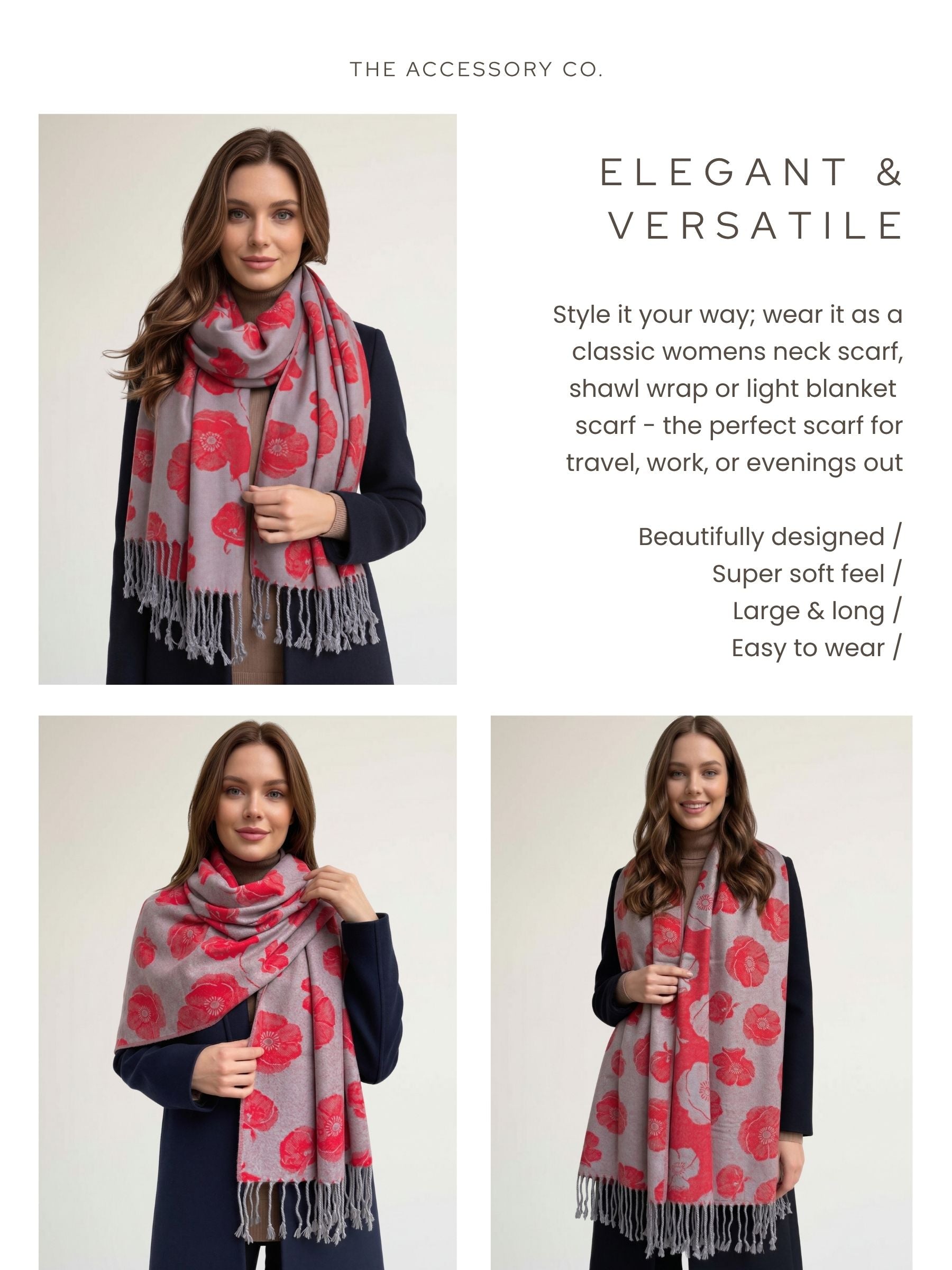 LARGE REVERSIBLE GREY AND RED POPPY PASHMINA SHAWL SCARF - A-SHU.CO.UK