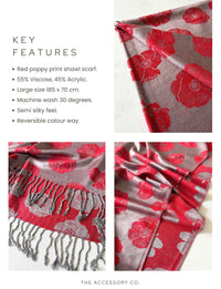 LARGE REVERSIBLE GREY AND RED POPPY PASHMINA SHAWL SCARF - A-SHU.CO.UK