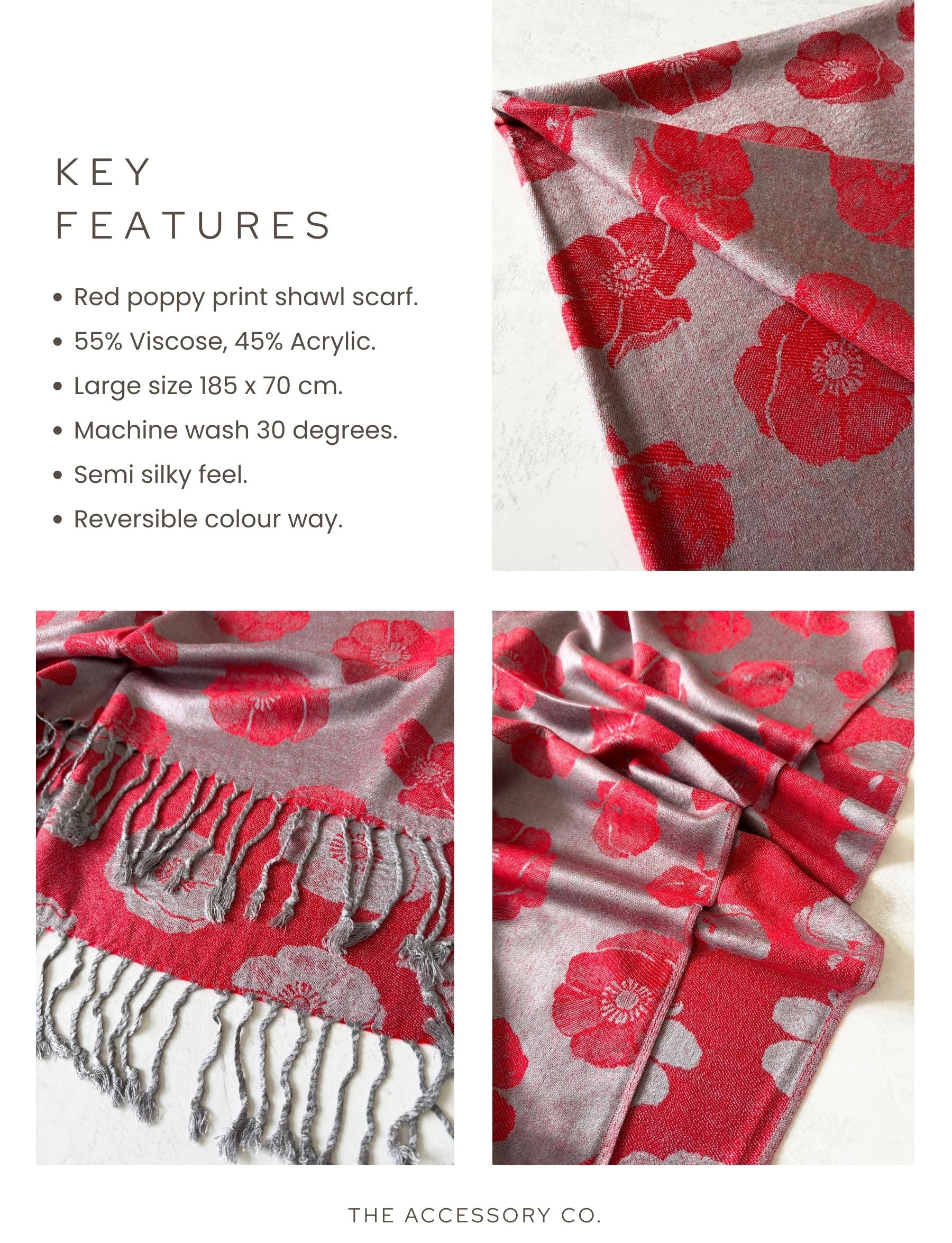 LARGE REVERSIBLE GREY AND RED POPPY PASHMINA SHAWL SCARF - A-SHU.CO.UK