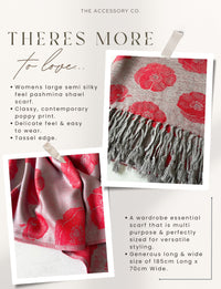 LARGE REVERSIBLE GREY AND RED POPPY PASHMINA SHAWL SCARF - A-SHU.CO.UK