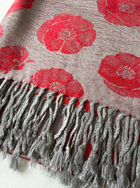 LARGE REVERSIBLE GREY AND RED POPPY PASHMINA SHAWL SCARF - A-SHU.CO.UK