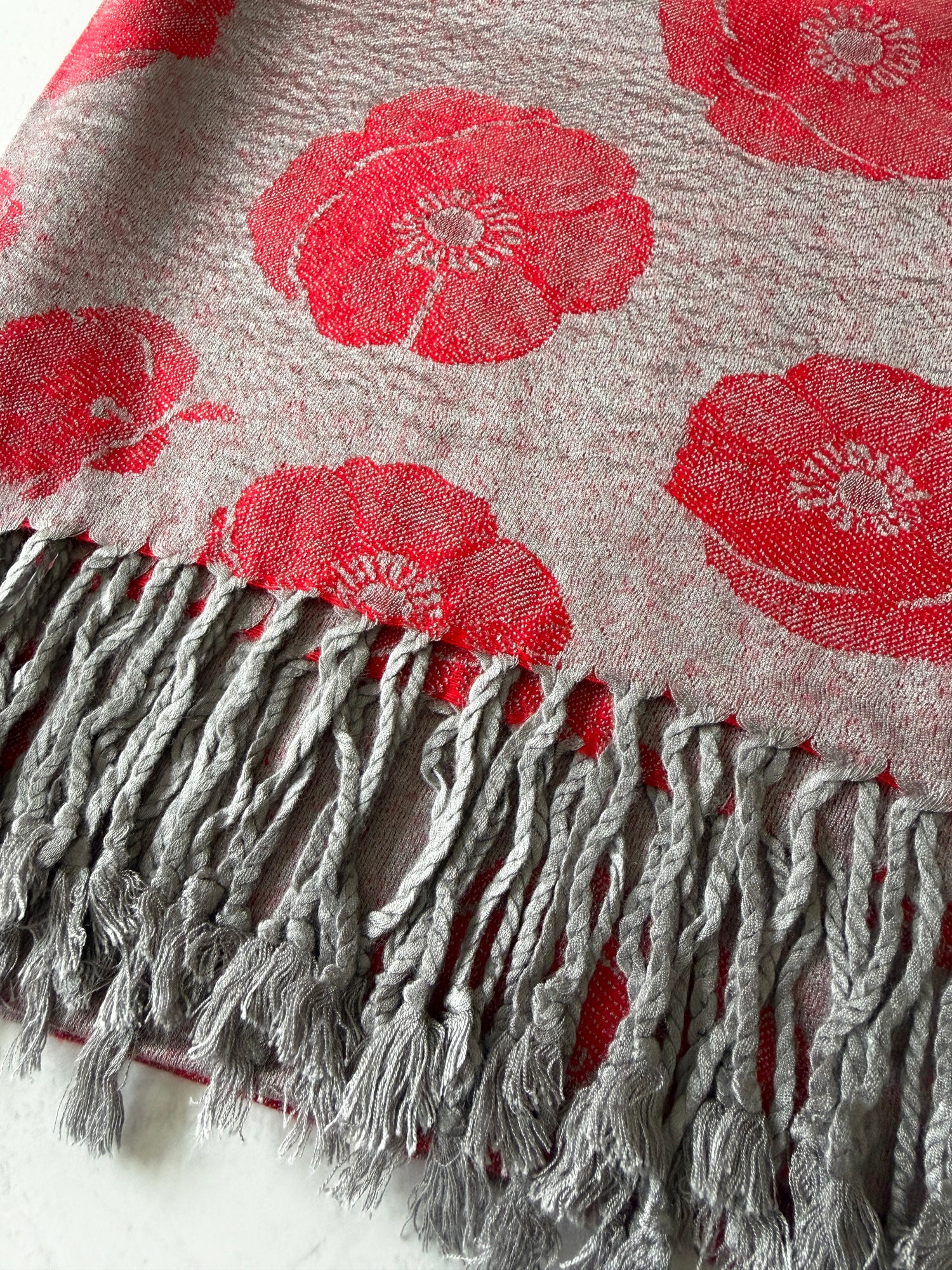 LARGE REVERSIBLE GREY AND RED POPPY PASHMINA SHAWL SCARF - A-SHU.CO.UK