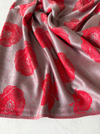 LARGE REVERSIBLE GREY AND RED POPPY PASHMINA SHAWL SCARF - A-SHU.CO.UK