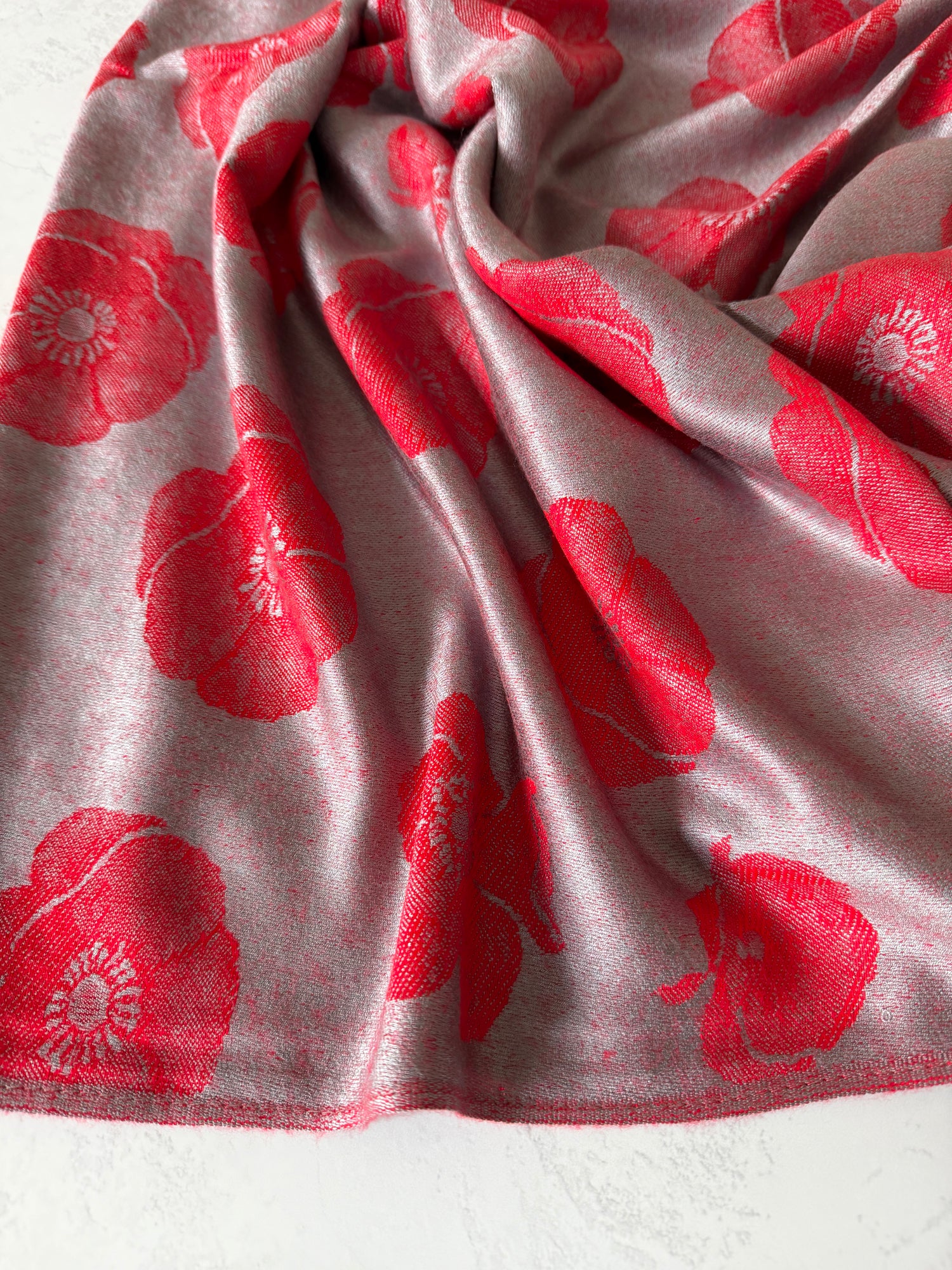 LARGE REVERSIBLE GREY AND RED POPPY PASHMINA SHAWL SCARF - A-SHU.CO.UK