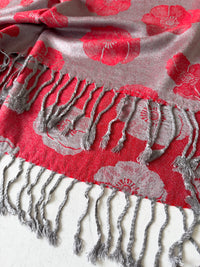 LARGE REVERSIBLE GREY AND RED POPPY PASHMINA SHAWL SCARF - A-SHU.CO.UK