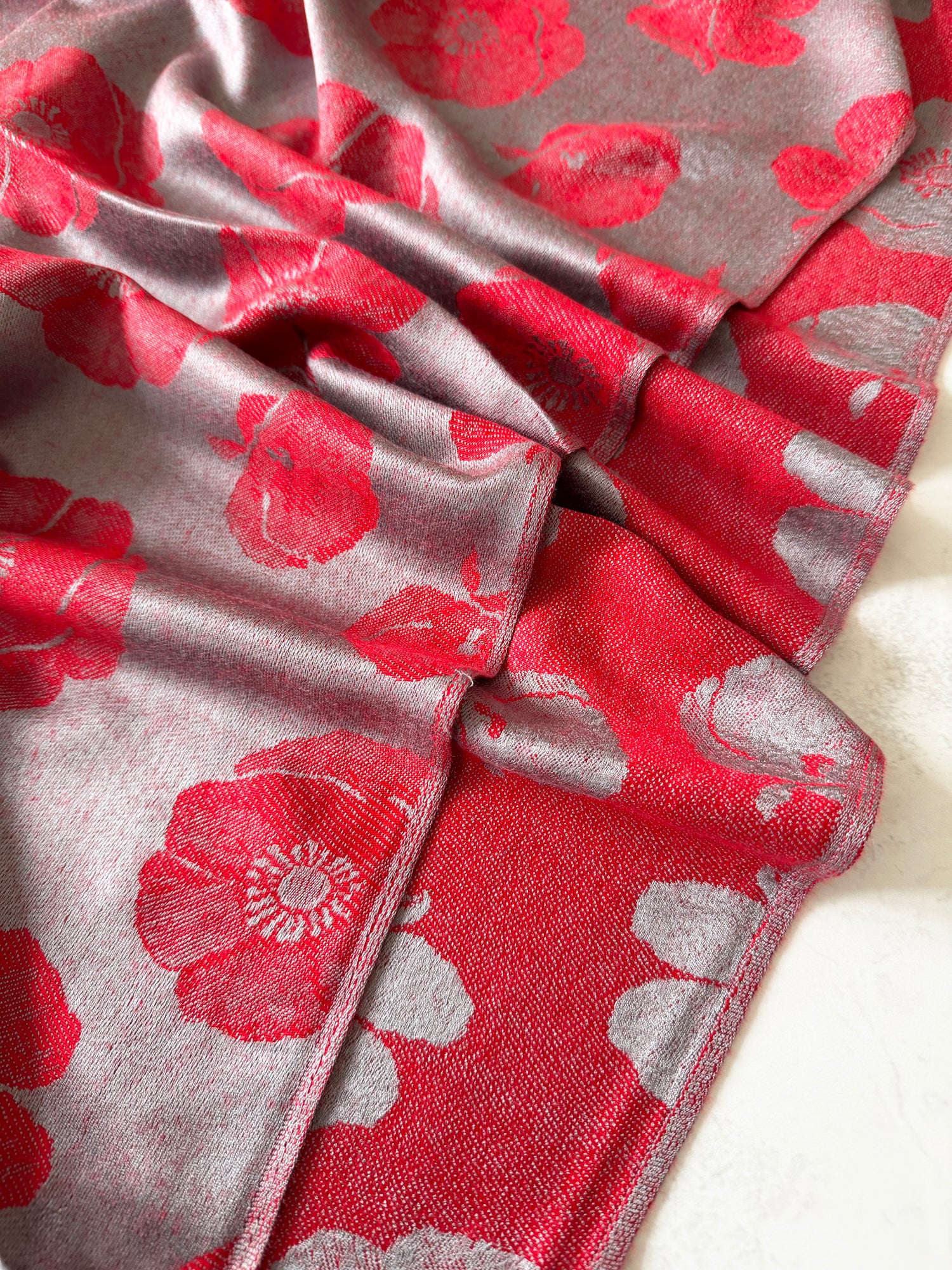 LARGE REVERSIBLE GREY AND RED POPPY PASHMINA SHAWL SCARF - A-SHU.CO.UK