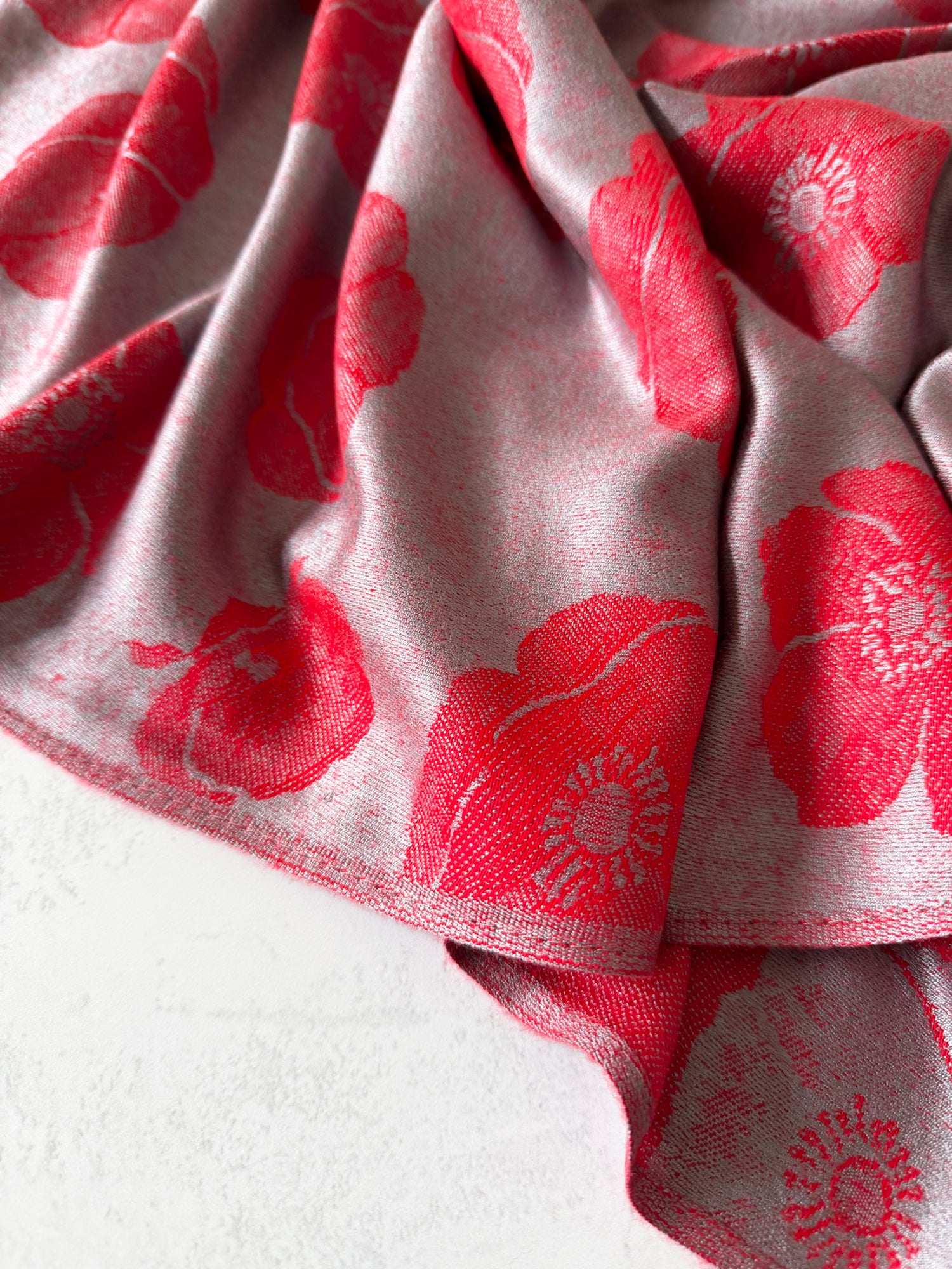 LARGE REVERSIBLE GREY AND RED POPPY PASHMINA SHAWL SCARF - A-SHU.CO.UK
