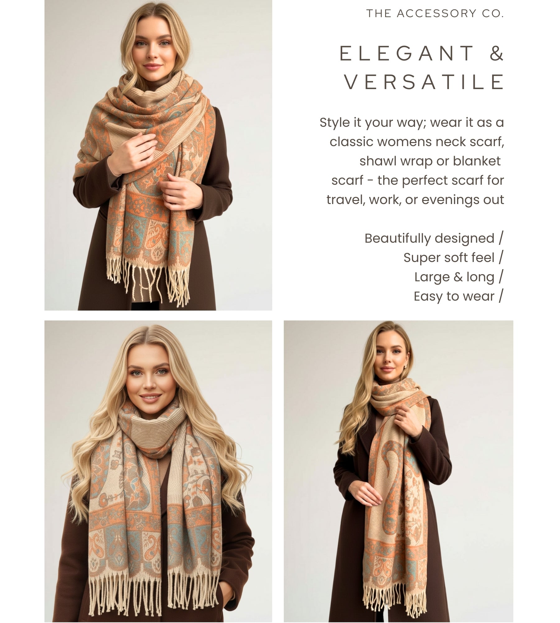 LARGE REVERSIBLE PEACH PAISLEY & FLORAL WINTER SHAWL BLANKET SCARF