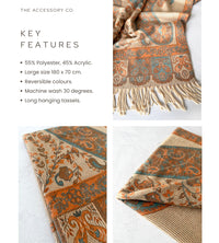 LARGE REVERSIBLE PEACH PAISLEY & FLORAL WINTER SHAWL BLANKET SCARF