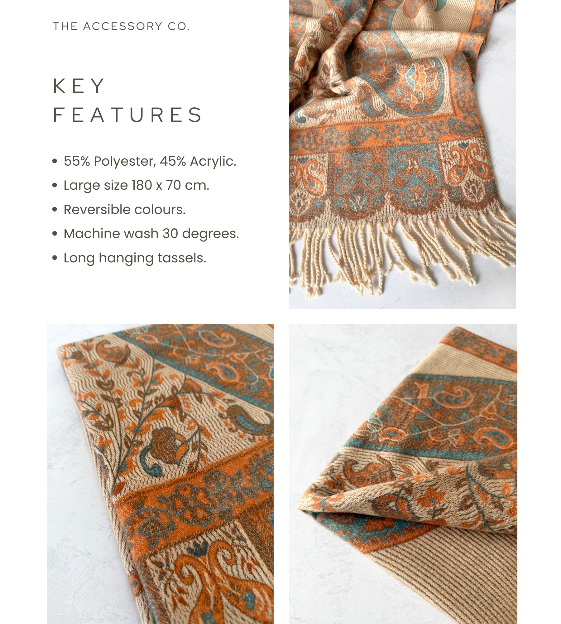 LARGE REVERSIBLE PEACH PAISLEY & FLORAL WINTER SHAWL BLANKET SCARF