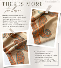 LARGE REVERSIBLE PEACH PAISLEY & FLORAL WINTER SHAWL BLANKET SCARF