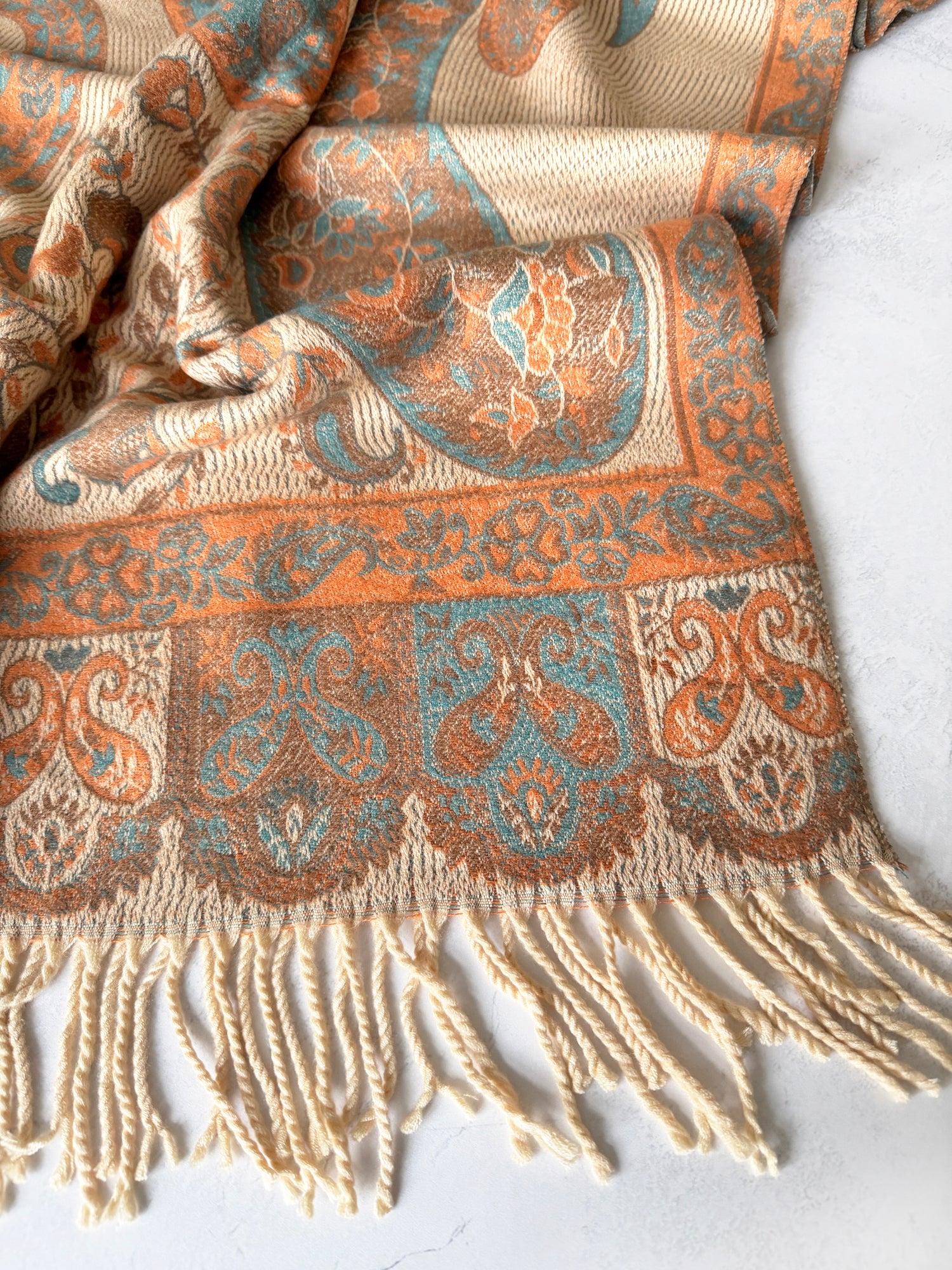 LARGE REVERSIBLE PEACH PAISLEY & FLORAL WINTER SHAWL BLANKET SCARF