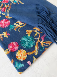 LARGE ROYAL BLUE FLOWER PRINT CASHMERE COTTON BLEND WINTER SHAWL BLANKET SCARF