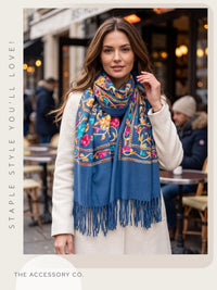 LARGE ROYAL BLUE FLOWER PRINT CASHMERE COTTON BLEND WINTER SHAWL BLANKET SCARF