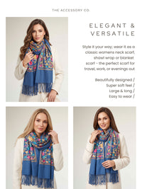 LARGE ROYAL BLUE FLOWER PRINT CASHMERE COTTON BLEND WINTER SHAWL BLANKET SCARF