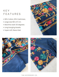 LARGE ROYAL BLUE FLOWER PRINT CASHMERE COTTON BLEND WINTER SHAWL BLANKET SCARF