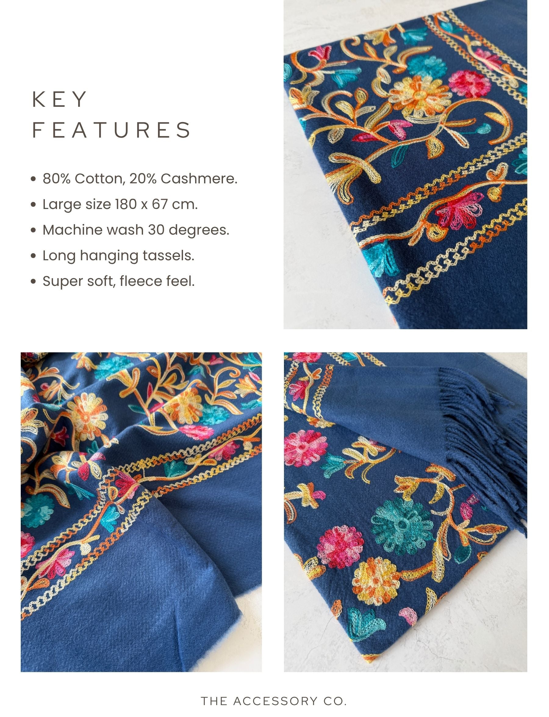 LARGE ROYAL BLUE FLOWER PRINT CASHMERE COTTON BLEND WINTER SHAWL BLANKET SCARF