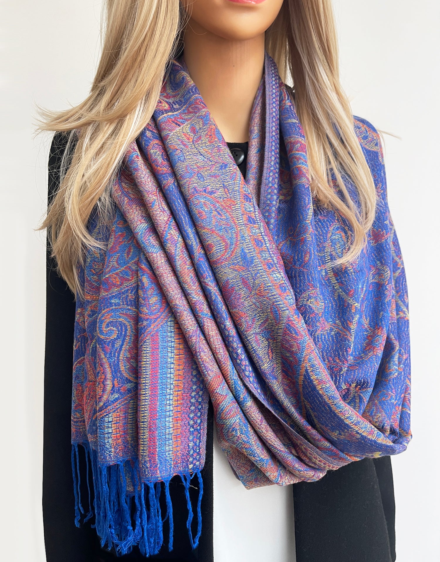 LARGE ROYAL BLUE MULTI COLOUR PAISLEY PASHMINA SHAWL SCARF WRAP
