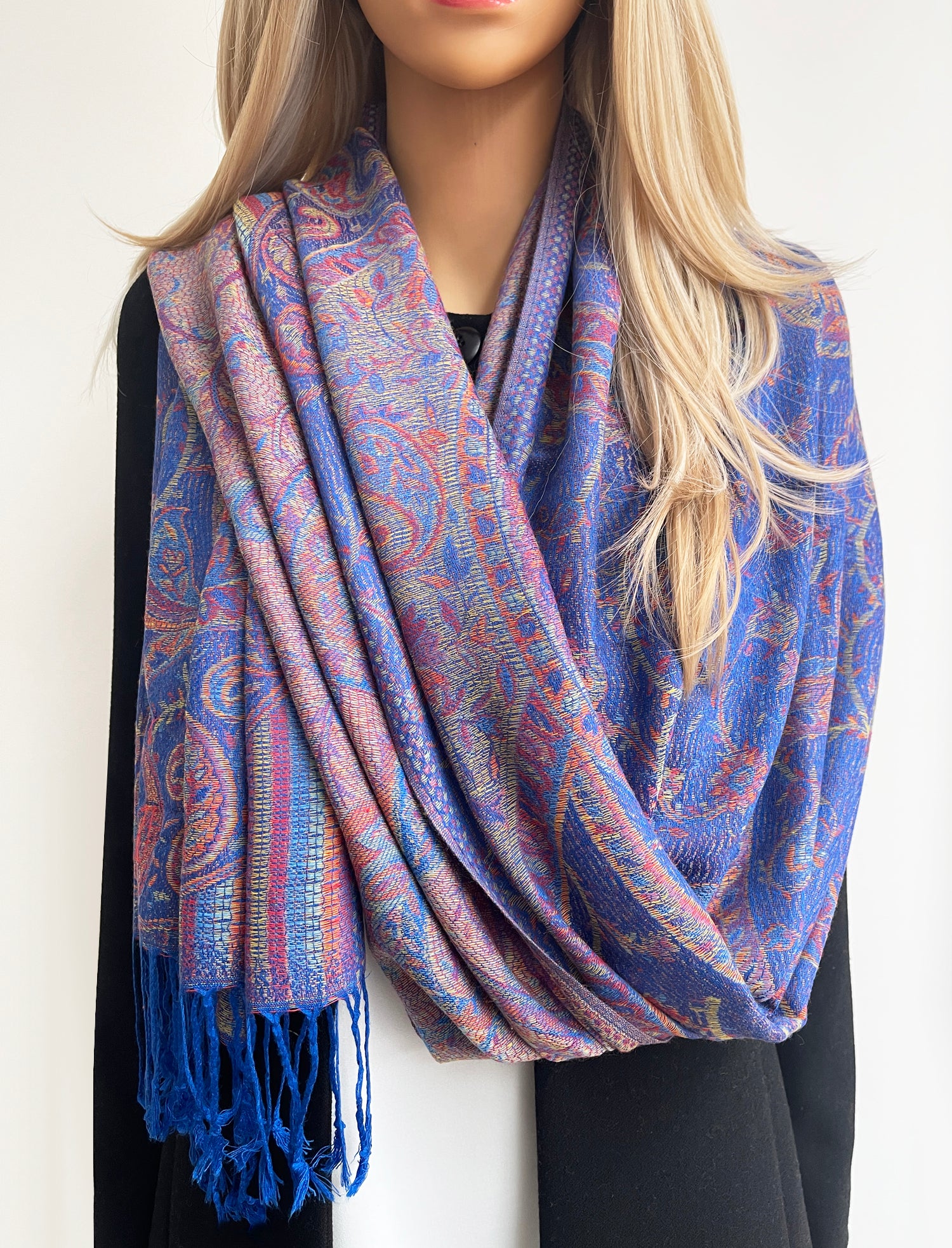 LARGE ROYAL BLUE MULTI COLOUR PAISLEY PASHMINA SHAWL SCARF WRAP