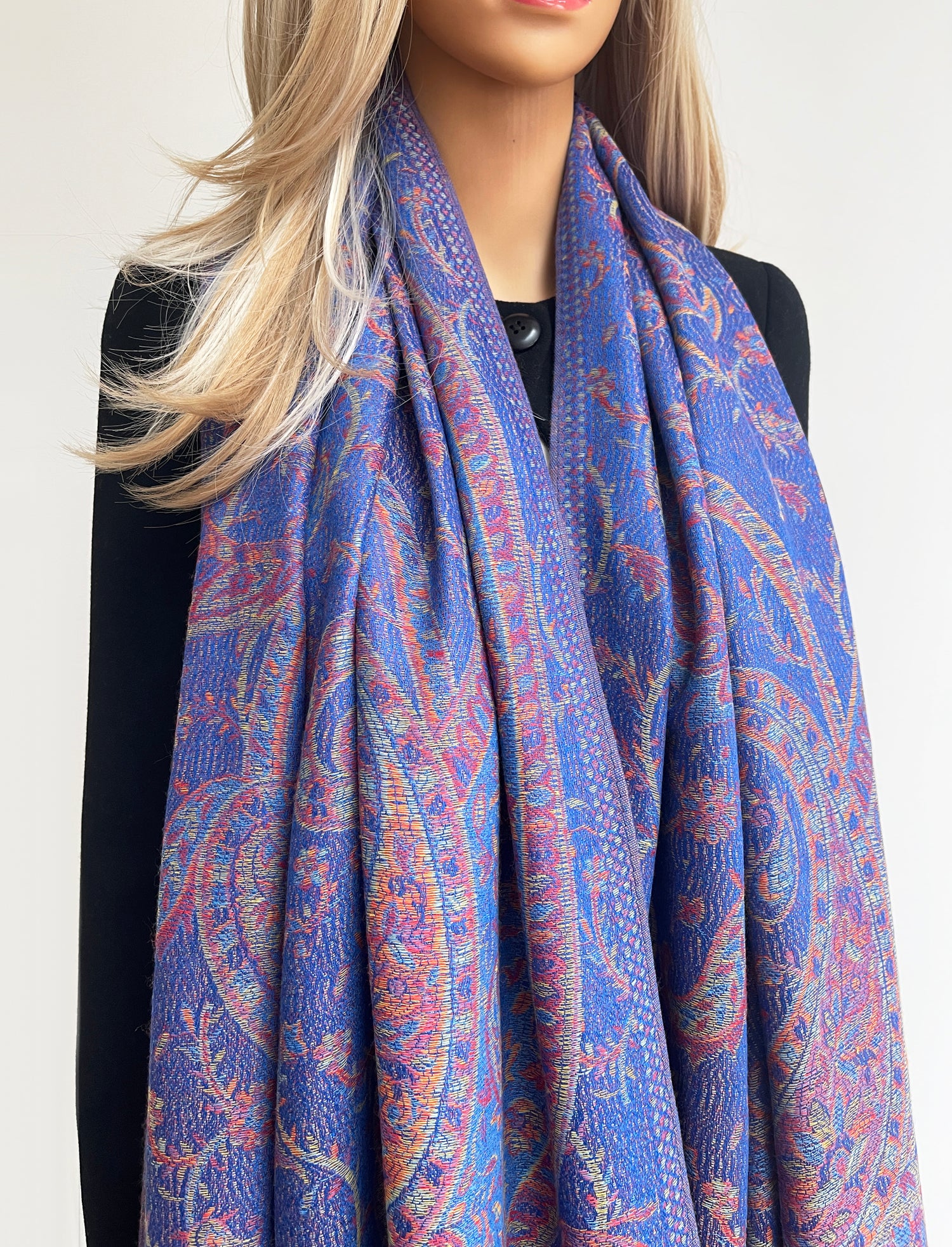 LARGE ROYAL BLUE MULTI COLOUR PAISLEY PASHMINA SHAWL SCARF WRAP