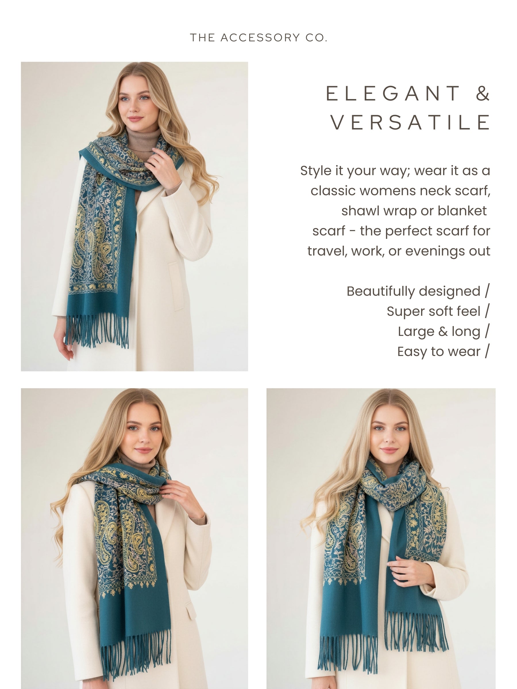 LARGE TEAL PAISLEY CASHMERE COTTON BLEND WINTER SHAWL BLANKET SCARF - A-SHU.CO.UK