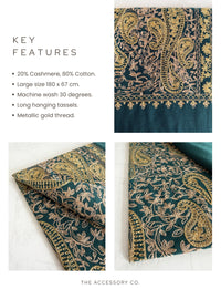 LARGE TEAL PAISLEY CASHMERE COTTON BLEND WINTER SHAWL BLANKET SCARF - A-SHU.CO.UK