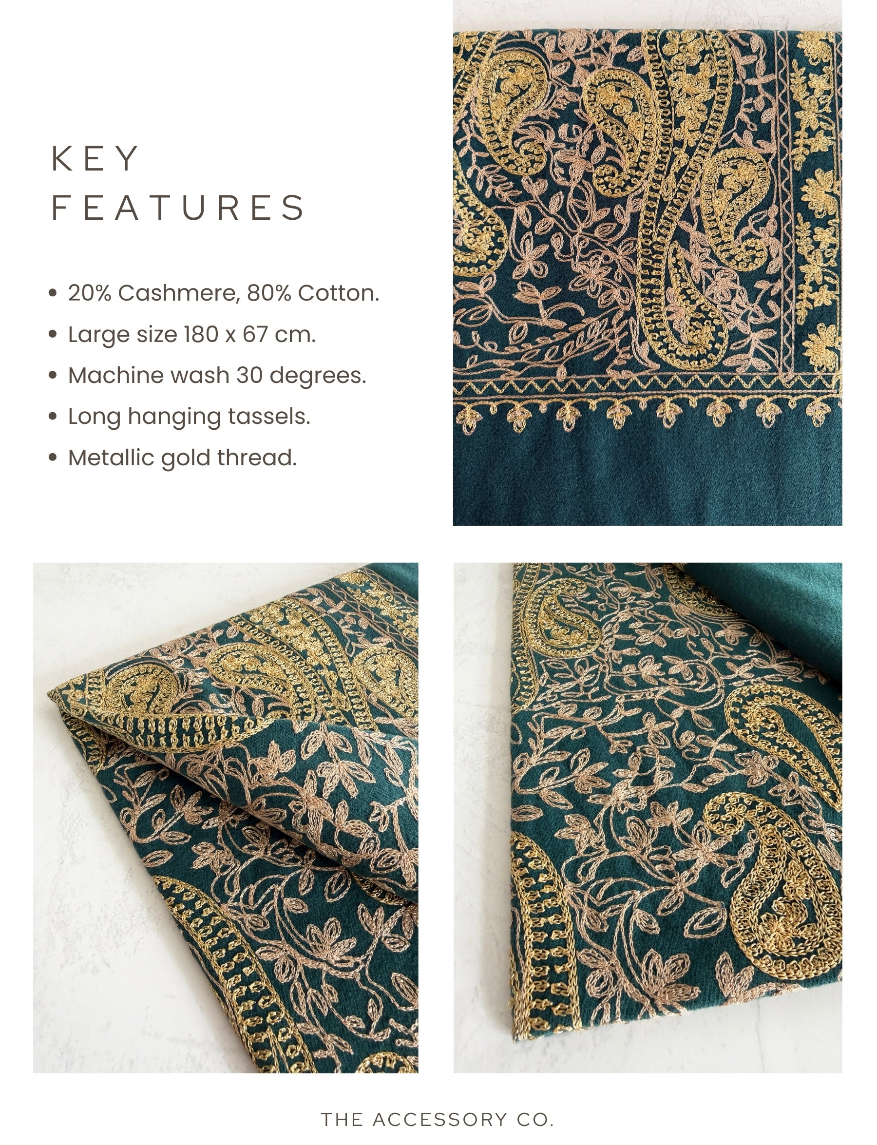 LARGE TEAL PAISLEY CASHMERE COTTON BLEND WINTER SHAWL BLANKET SCARF - A-SHU.CO.UK