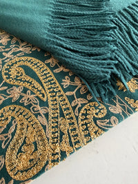 LARGE TEAL PAISLEY CASHMERE COTTON BLEND WINTER SHAWL BLANKET SCARF - A-SHU.CO.UK