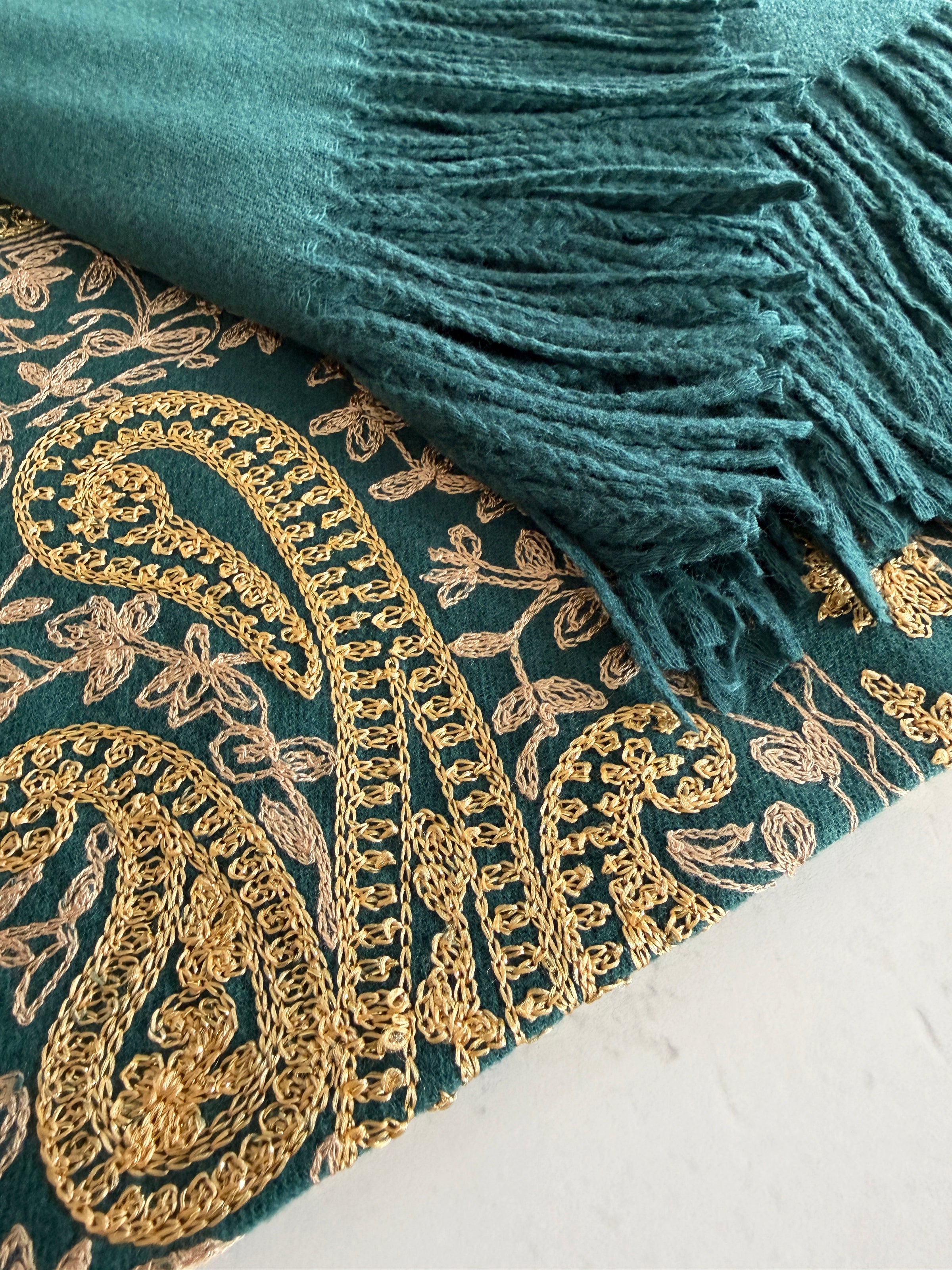 LARGE TEAL PAISLEY CASHMERE COTTON BLEND WINTER SHAWL BLANKET SCARF - A-SHU.CO.UK