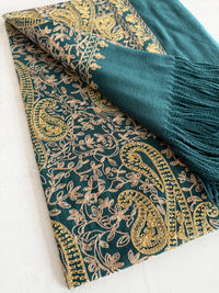 LARGE TEAL PAISLEY CASHMERE COTTON BLEND WINTER SHAWL BLANKET SCARF - A-SHU.CO.UK