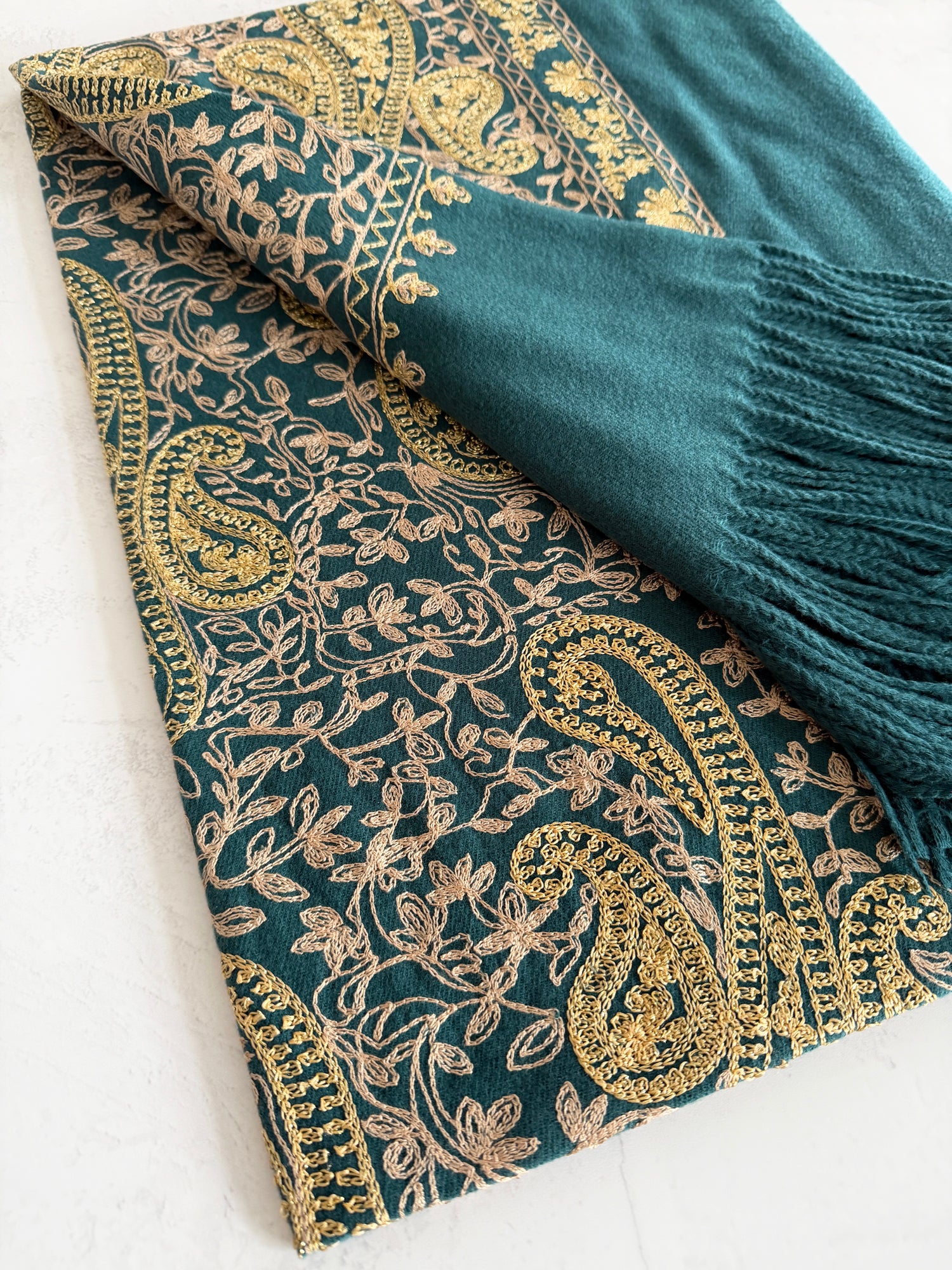 LARGE TEAL PAISLEY CASHMERE COTTON BLEND WINTER SHAWL BLANKET SCARF - A-SHU.CO.UK