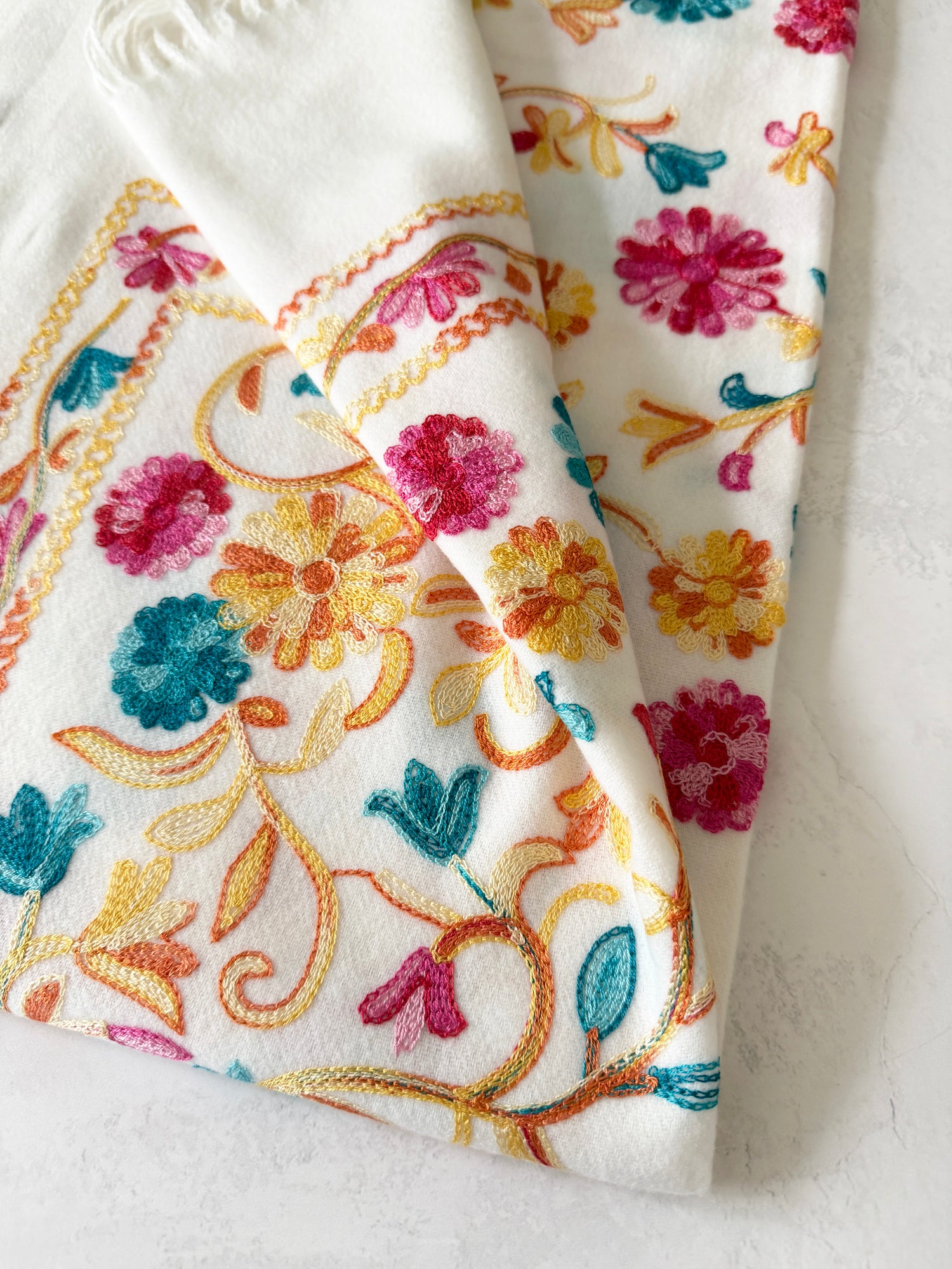 LARGE WHITE FLOWER PRINT CASHMERE COTTON BLEND WINTER SHAWL BLANKET SCARF