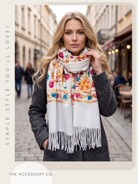 LARGE WHITE FLOWER PRINT CASHMERE COTTON BLEND WINTER SHAWL BLANKET SCARF