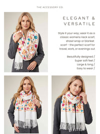 LARGE WHITE FLOWER PRINT CASHMERE COTTON BLEND WINTER SHAWL BLANKET SCARF