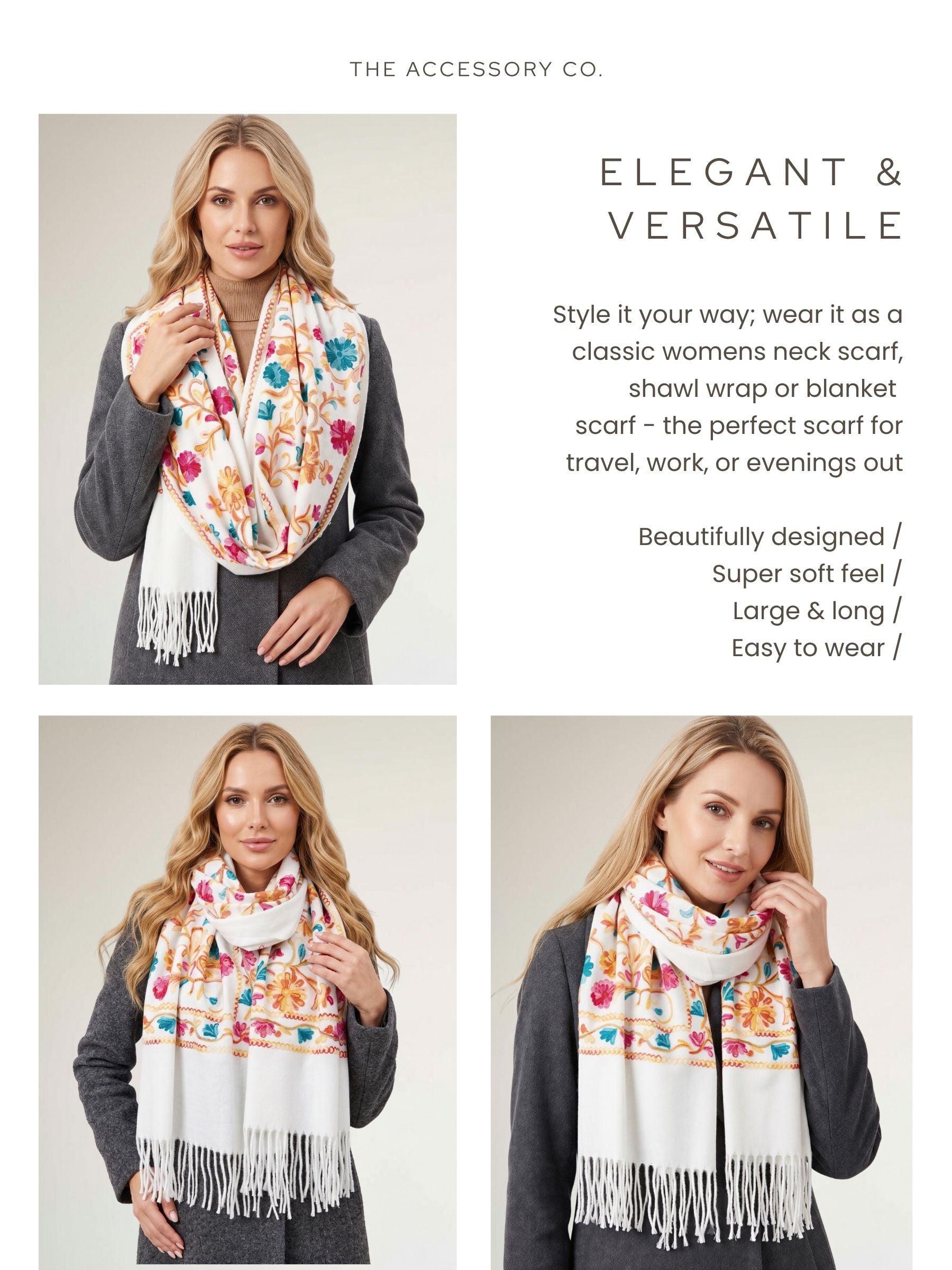 LARGE WHITE FLOWER PRINT CASHMERE COTTON BLEND WINTER SHAWL BLANKET SCARF