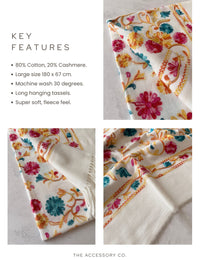 LARGE WHITE FLOWER PRINT CASHMERE COTTON BLEND WINTER SHAWL BLANKET SCARF