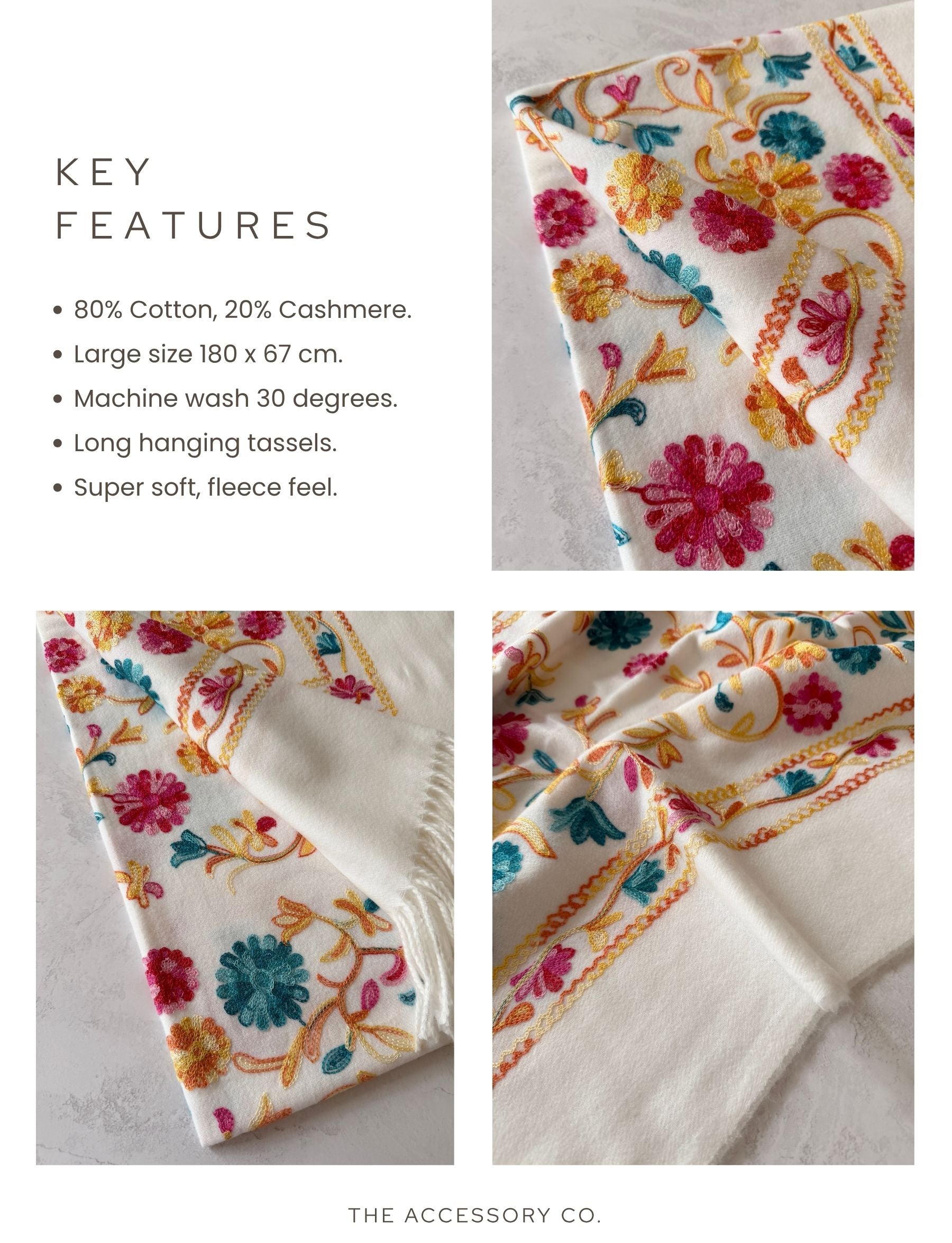 LARGE WHITE FLOWER PRINT CASHMERE COTTON BLEND WINTER SHAWL BLANKET SCARF