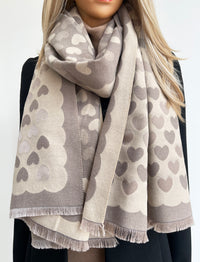 LARGE BEIGE HEART PRINT REVERSIBLE CASHMERE WINTER SHAWL BLANKET SCARF