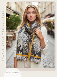 LARGE BEIGE SNAKESKIN PRINT SHAWL SCARF WITH STRIPE