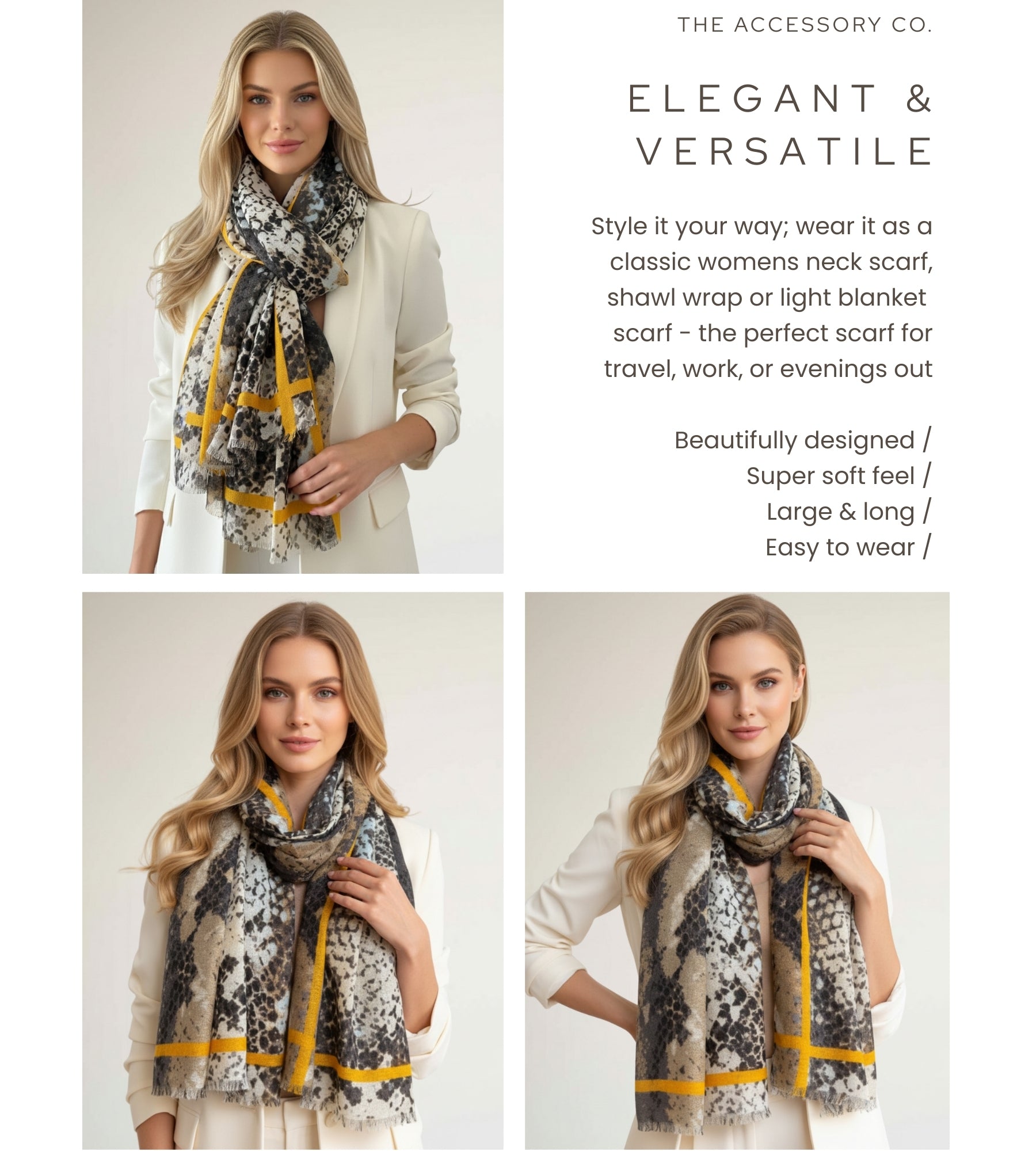 LARGE BEIGE SNAKESKIN PRINT SHAWL SCARF WITH STRIPE