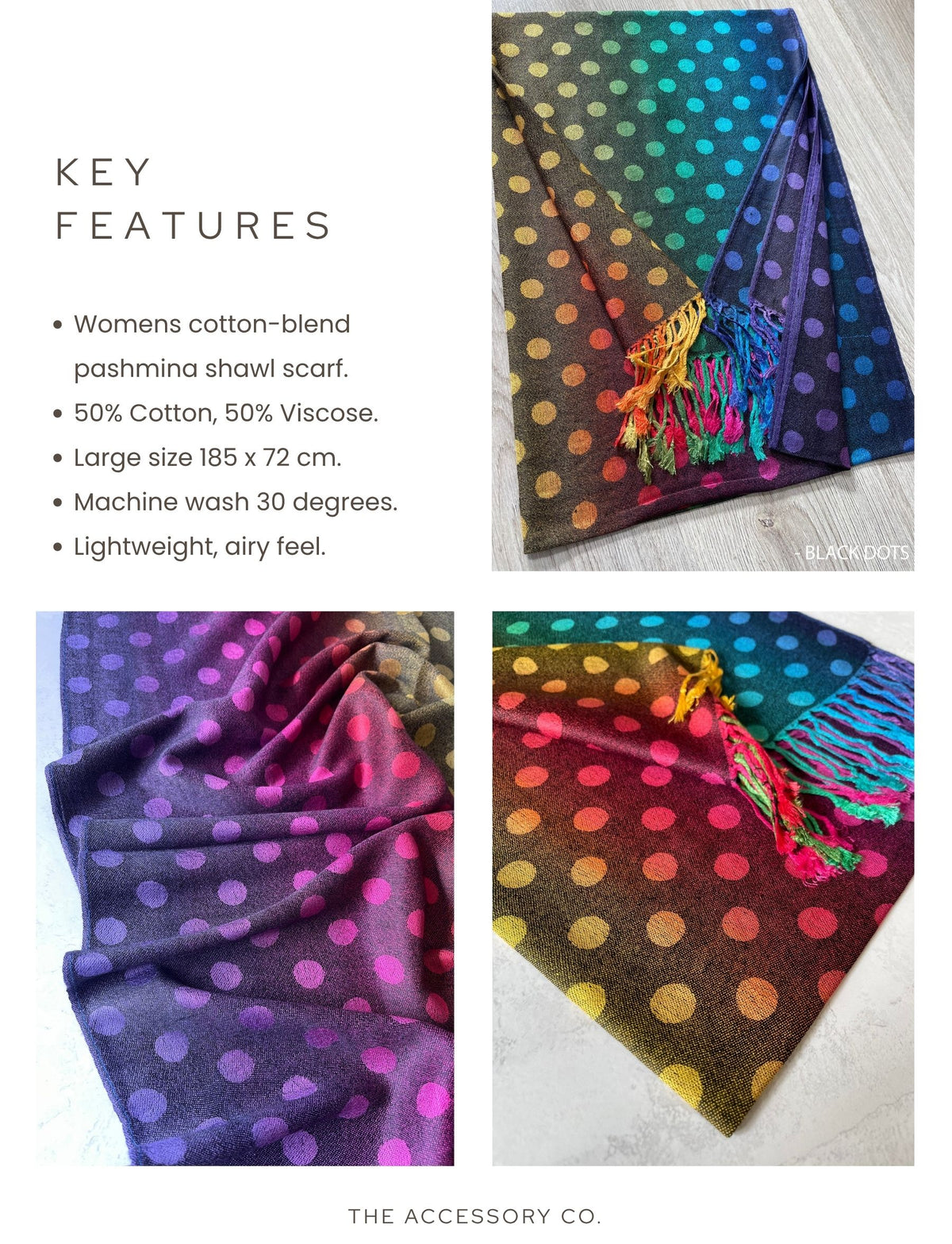 LARGE BLACK MULTI-COLOUR DOT PRINT PASHMINA SHAWL SCARF - A-SHU.CO.UK