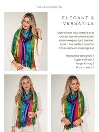LARGE BLACK RAINBOW FEATHER AND LEAF PRINT PASHMINA SHAWL SCARF