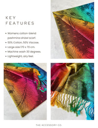 LARGE BLACK RAINBOW FEATHER AND LEAF PRINT PASHMINA SHAWL SCARF
