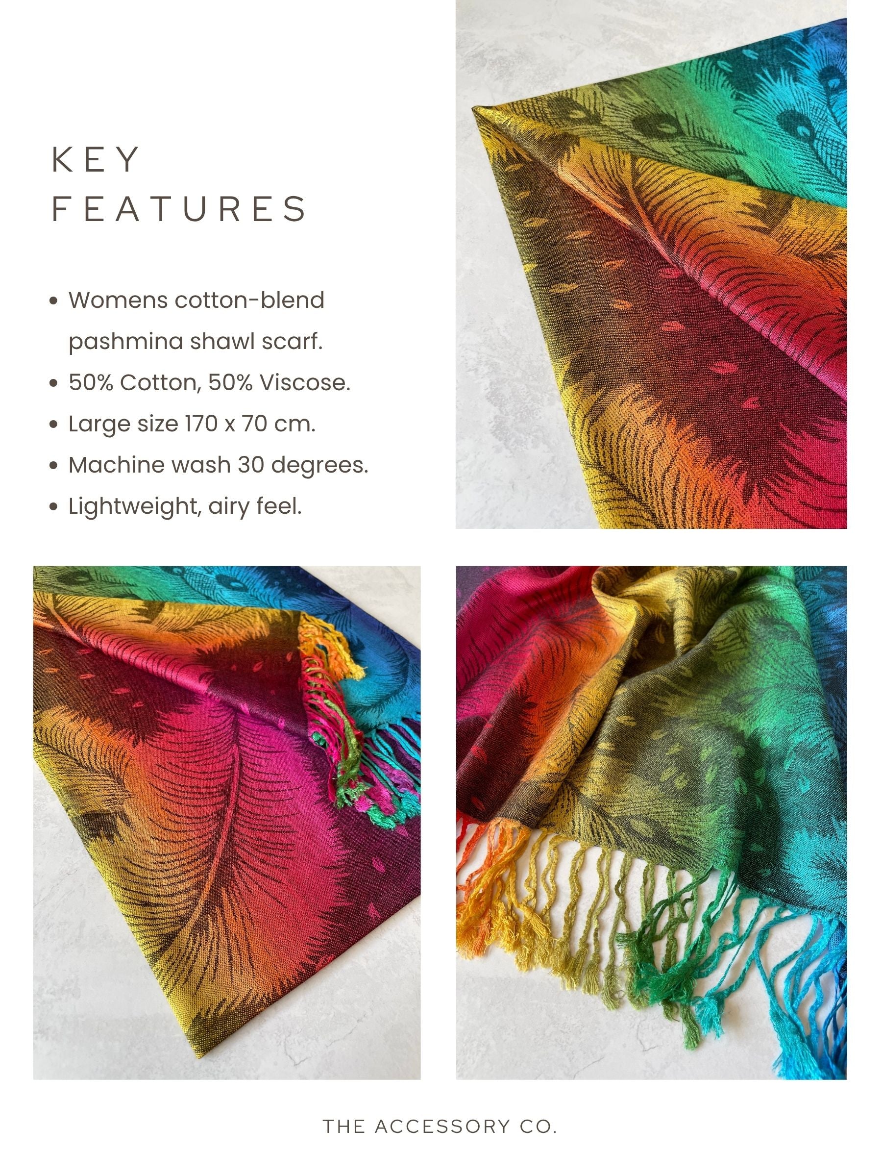 LARGE BLACK RAINBOW FEATHER AND LEAF PRINT PASHMINA SHAWL SCARF