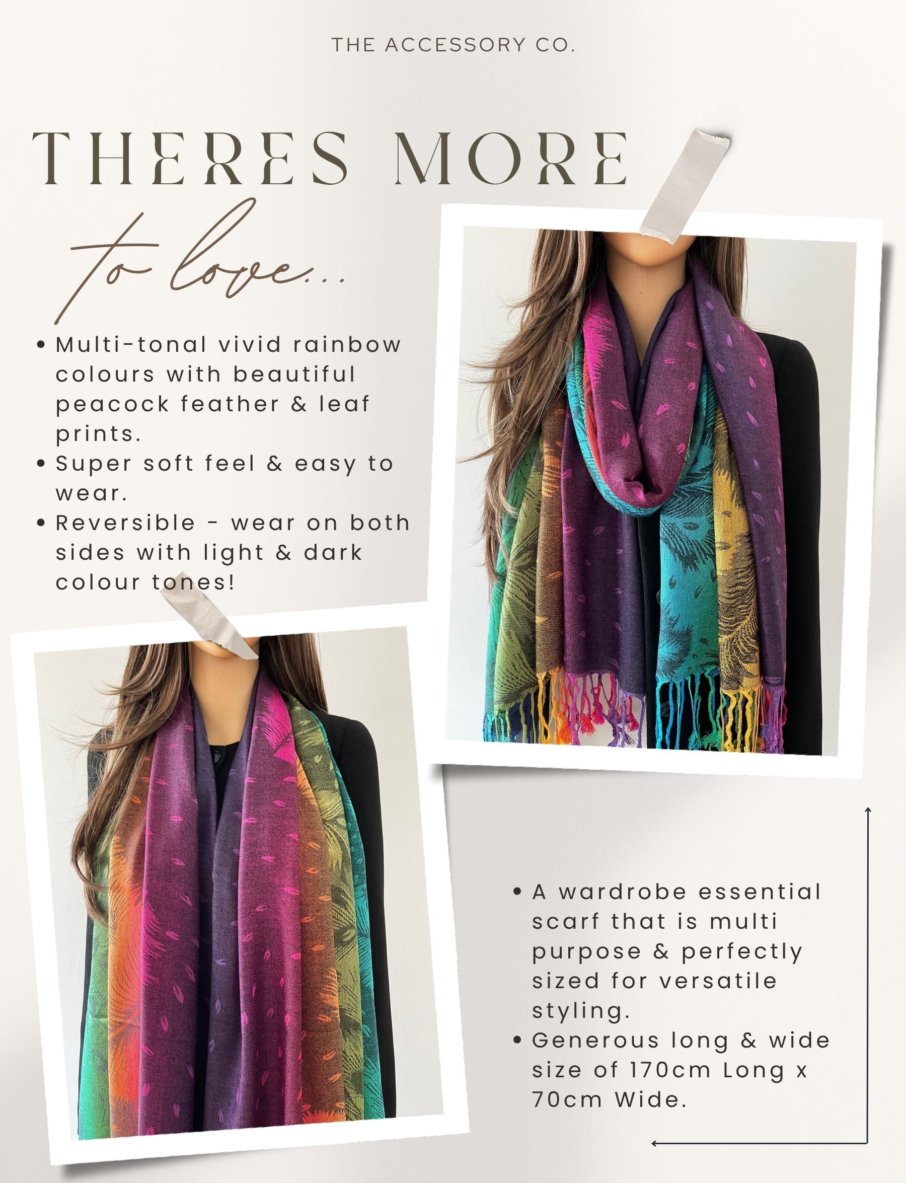 LARGE BLACK RAINBOW FEATHER AND LEAF PRINT PASHMINA SHAWL SCARF