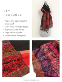 LARGE BLACK RAINBOW MULTI COLOUR PAISLEY PRINT PASHMINA SHAWL SCARF - A-SHU.CO.UK