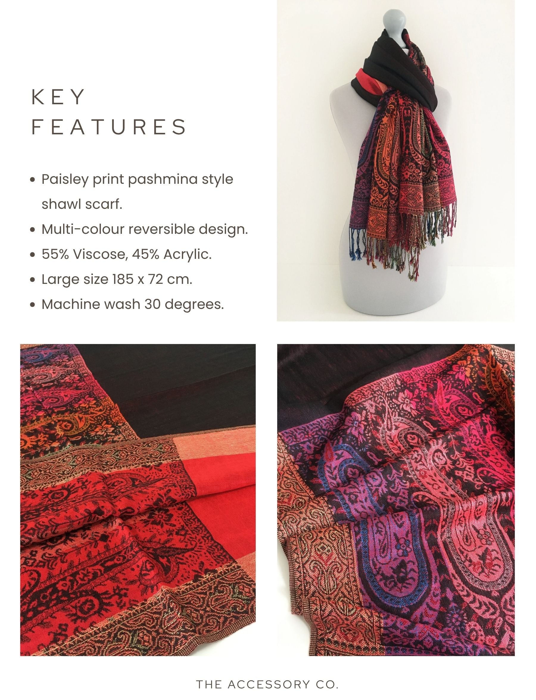 LARGE BLACK RAINBOW MULTI COLOUR PAISLEY PRINT PASHMINA SHAWL SCARF - A-SHU.CO.UK