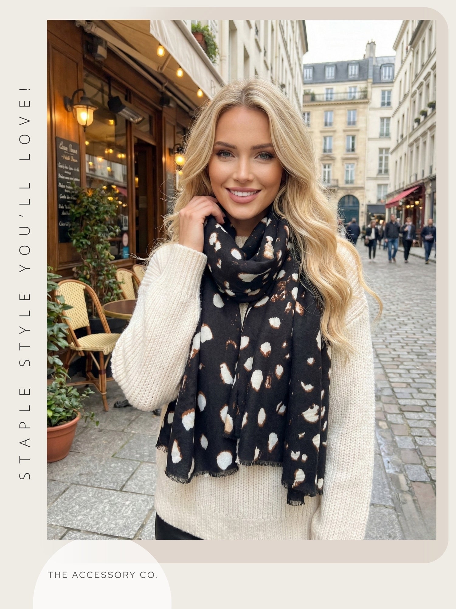 LARGE BLACK WOOL SPOTTY LEOPARD PRINT SCARF