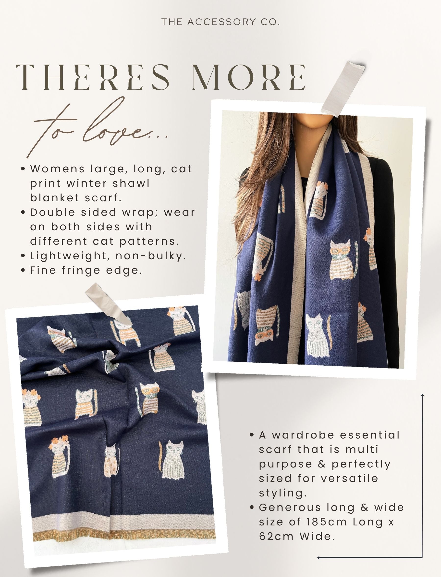 LARGE BLUE CAT THICK REVERSIBLE WINTER SHAWL BLANKET SCARF